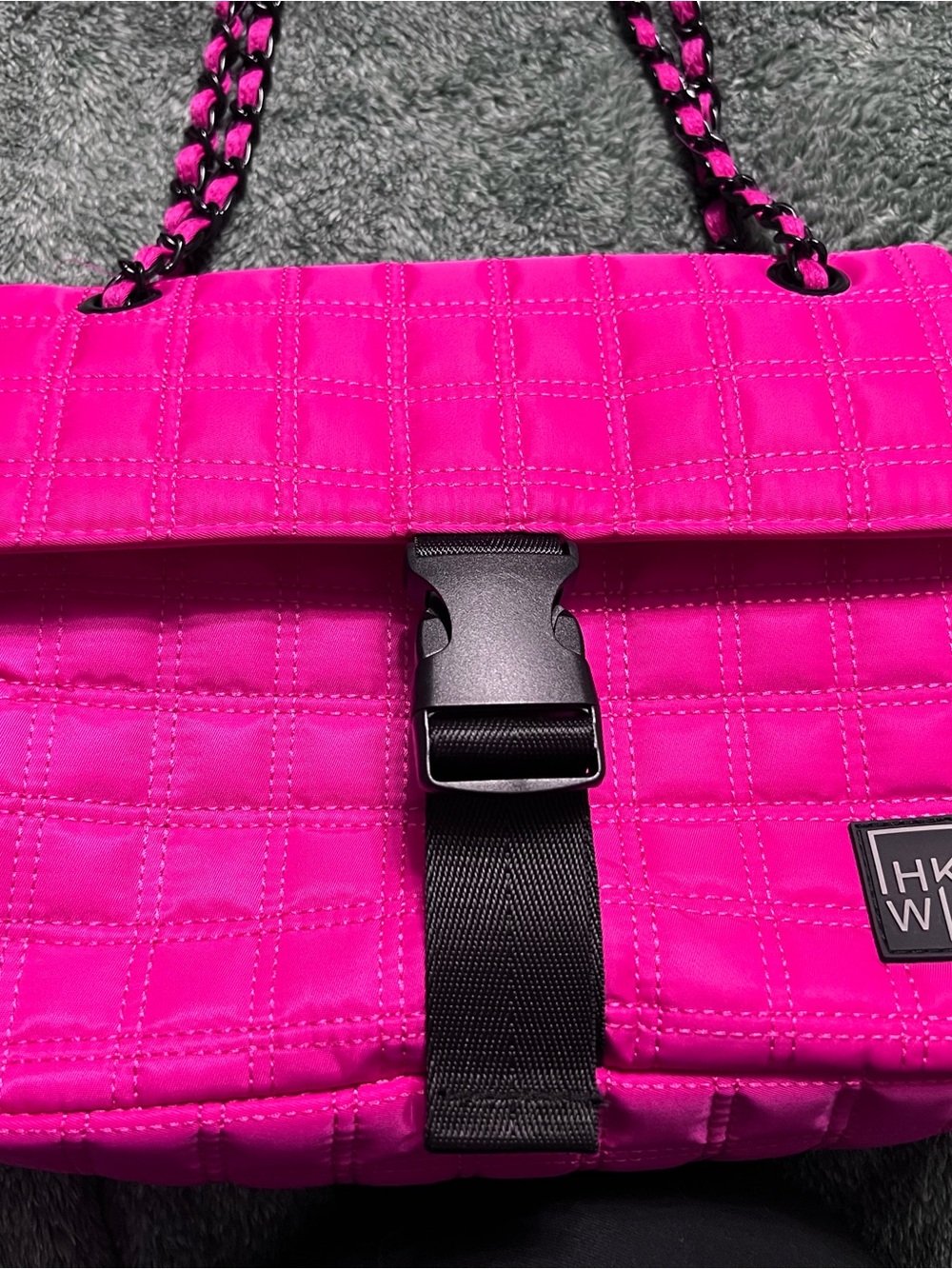 Hot Pink Quilted Shoulder Bag with Chain Strap - Picture 6 of 8